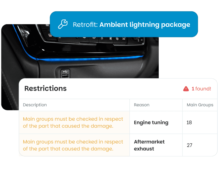 Retrofits and restrictions screenshot: a retrofitted ambient lighting package and recorded usage restrictions