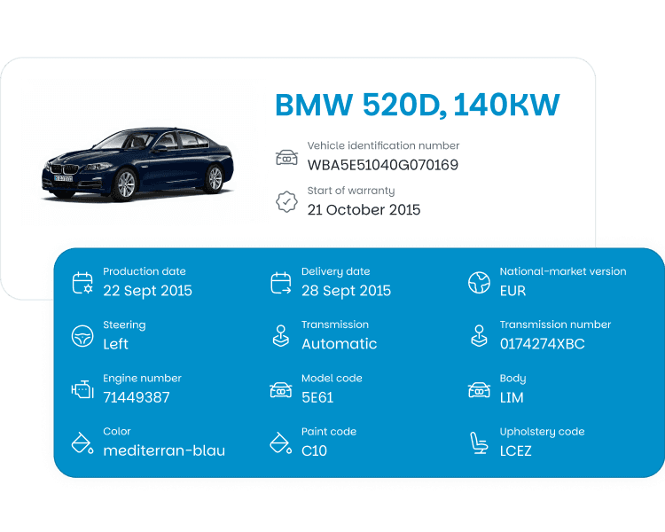 Vehicle details screenshot: a BMW 520d with its VIN, production date, transmission, colour and other factory data