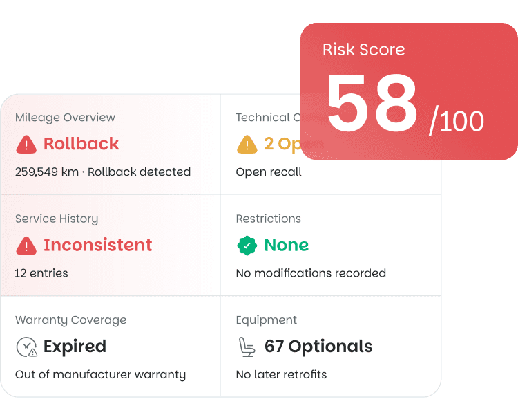 Report summary screenshot: a condition score out of 100 above tiles for mileage, technical campaigns, service history, restrictions, warranty and equipment