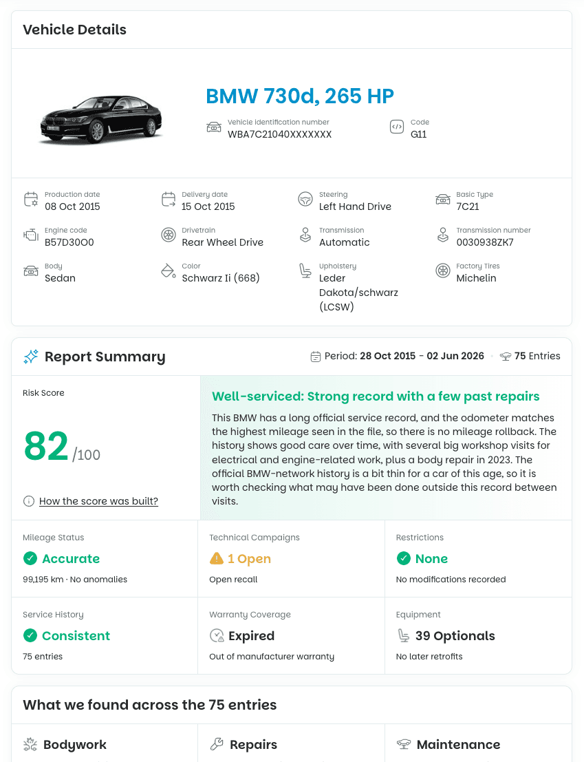 Report screenshot showing vehicle details