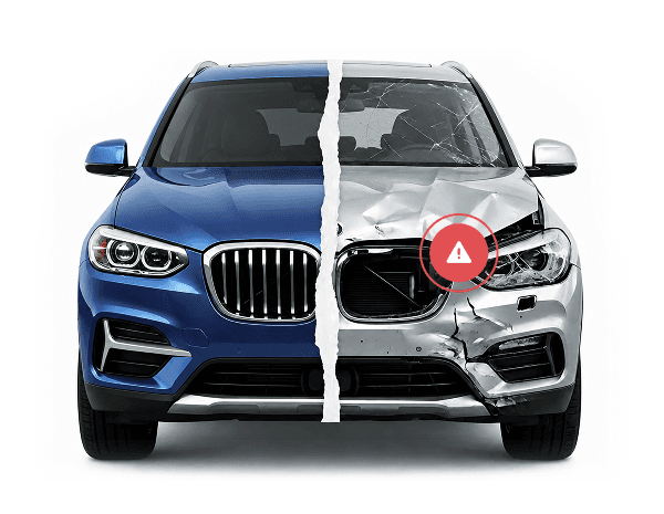 A BMW X3 split in half, illustrating a pristine condition car on the left and a heavily crashed car on the right with a damage recorded alert, showing the importance of a VIN check.