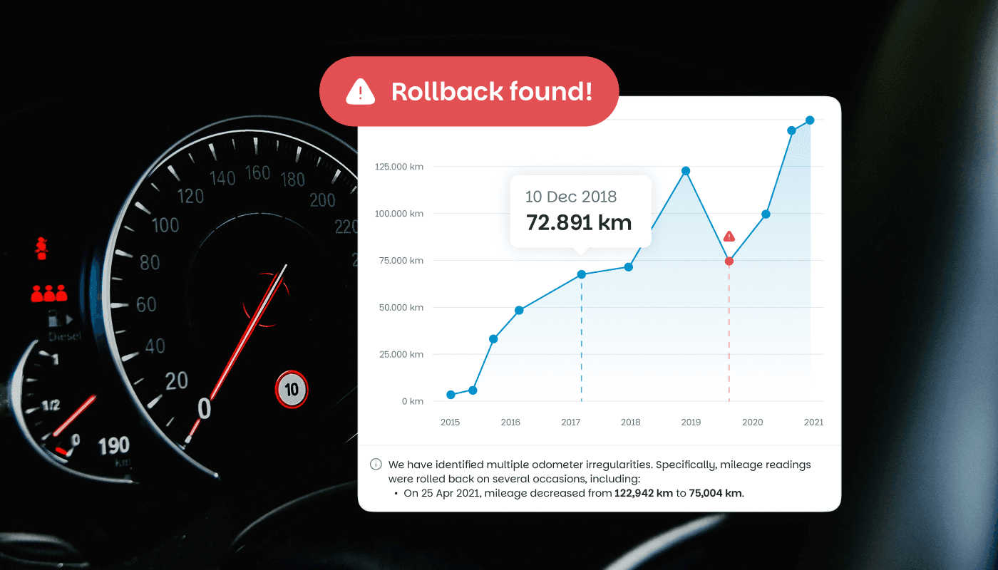 BMW instrument cluster with a mileage graph showing odometer rollback